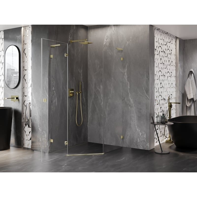 Mexen Lunar L cabina doccia pentagonale a battente sinistra 80 x 100 cm, trasparente, oro spazzolato - 831L-080L-100P-55-00-L