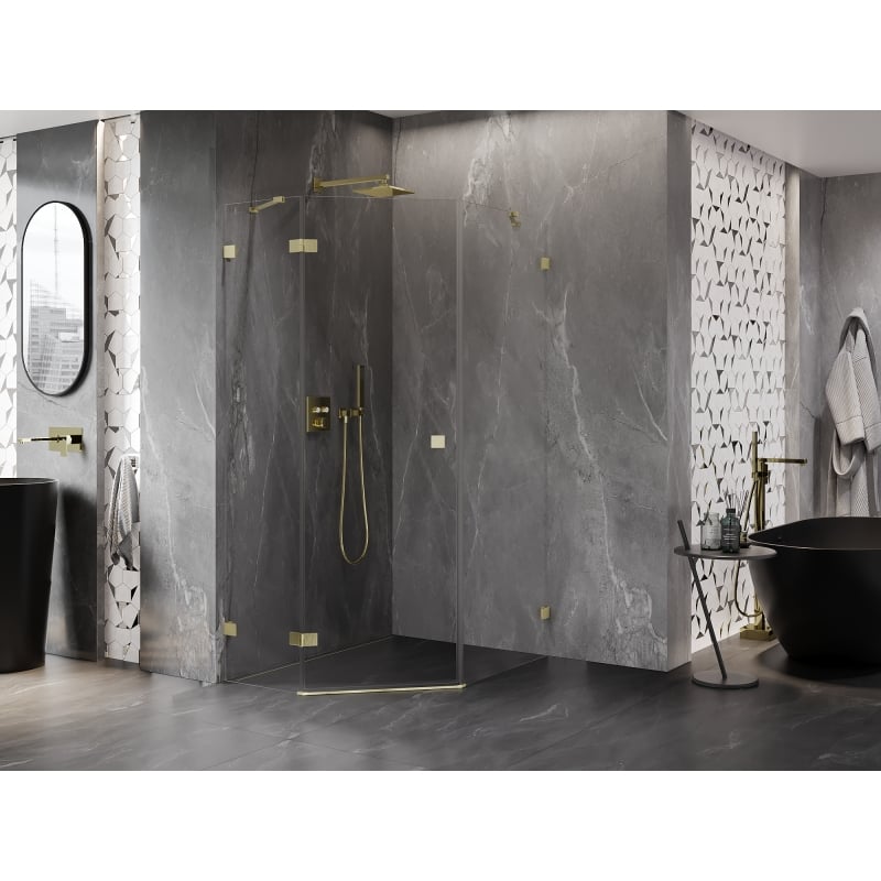 Mexen Lunar cabine de douche pentagonale pivotante gauche 90 x 100 cm, transparent, or brossé - 831-090L-100P-55-00-L