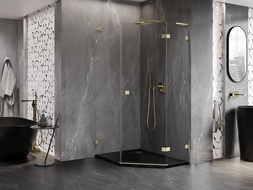 Mexen Lunar L Fünfeck-Duschkabine, nach rechts öffnend, 80 x 100 cm, transparent, gebürstetes Gold - 831L-080P-100L-55-00-P