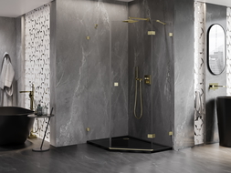 Mexen Lunar cabine de douche pentagonale pivotante droite 80 x 100 cm, transparent, or brossé - 831-080P-100L-55-00-P