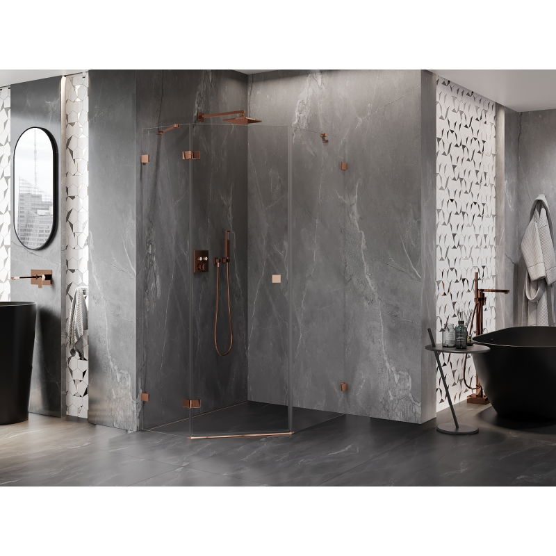 Mexen Lunar vijfhoekige douchecabine, naar links zwenkbaar, 80 x 90 cm, transparant, roze goud - 831-080L-090P-60-00-L