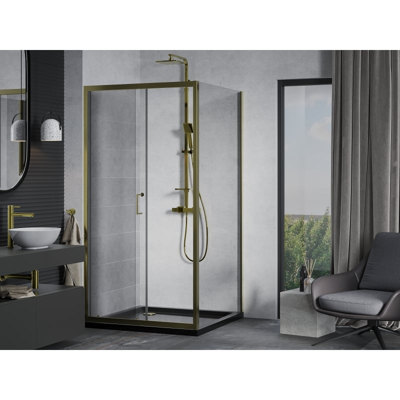 Mexen Apia sliding shower cabin 100 x 100 cm, transparent, gold + Flat tray, black - 840-100-100-50-00-4070G