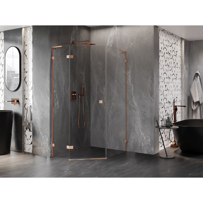 Mexen Lunar L petokutna tuš kabina s otvorenim lijevim vratima 80 x 90 cm, prozirna, brušeni bakar - 831L-080L-090P-65-00-L