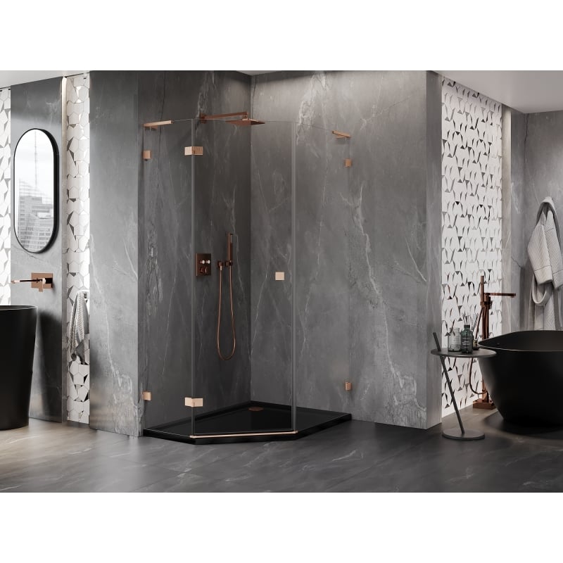 Mexen Lunar L kabina za tuširanje peterokutna zakretna lijeva 80 x 100 cm, prozirna, brušeni bakar - 831L-080L-100P-65-00-L