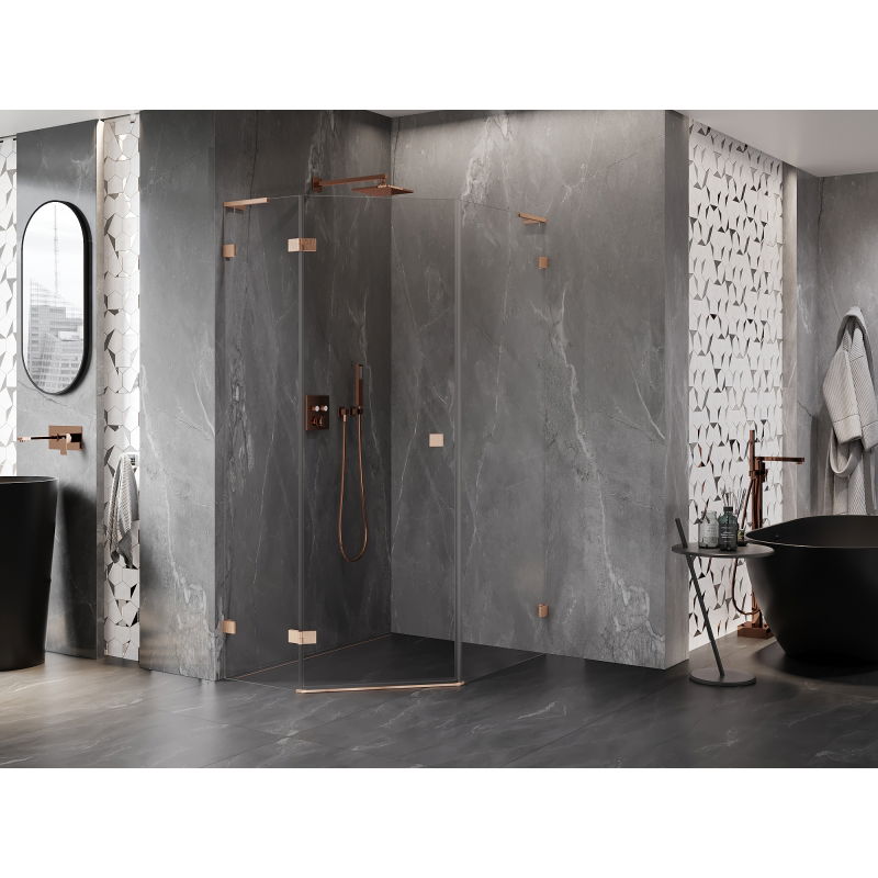 Mexen Lunar L pentagonal left hinged shower enclosure 80 x 100 cm, transparent, brushed copper - 831L-080L-100P-65-00-L