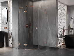 Mexen Lunar L cabina doccia pentagonale a battente sinistra 80 x 100 cm, trasparente, rame spazzolato - 831L-080L-100P-65-00-L