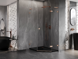 Mexen Lunar L cabine de douche pentagonale pivotante droite 80 x 90 cm, transparent, cuivre brossé - 831L-080P-090L-65-00-P