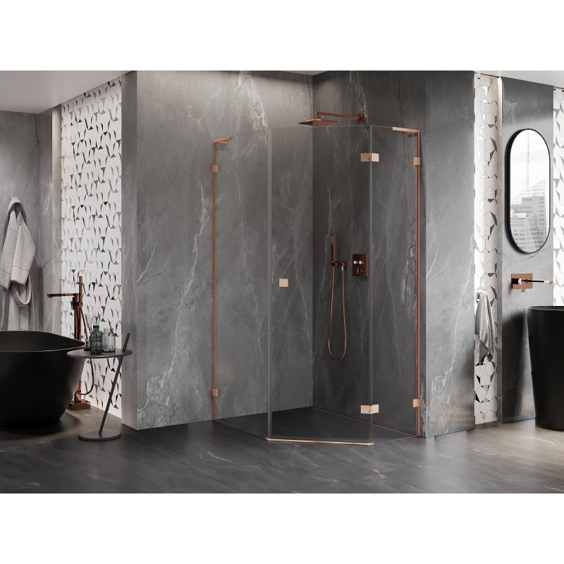 Mexen Lunar L petokutna tuš kabina s desnim otvaranjem, 80 x 100 cm, prozirna, brušeni bakar - 831L-080P-100L-65-00-P