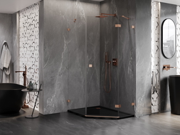 Mexen Lunar vijfhoekige douchecabine scharnierend rechts 80 x 90 cm, transparant, geborsteld koper - 831-080P-090L-65-00-P