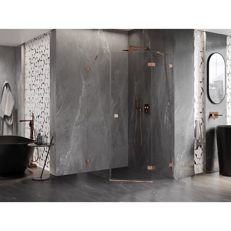 Mexen Lunar pentagonal hinged right shower cabin 80 x 90 cm, transparent, brushed copper - 831-080P-090L-65-00-P