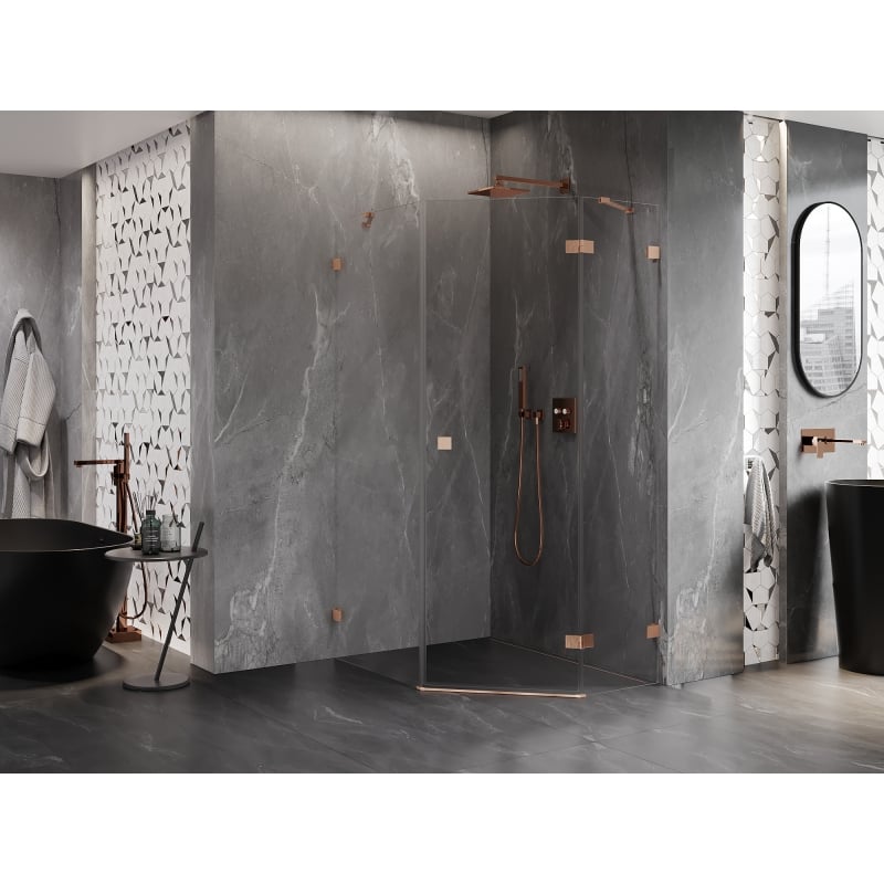 Mexen Lunar pentagonal swing shower cabin right 80 x 100 cm, transparent, brushed copper - 831-080P-100L-65-00-P