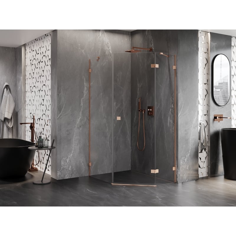 Mexen Lunar pentagonal hinged right shower cabin 90 x 100 cm, transparent, brushed copper - 831-090P-100L-65-00-P