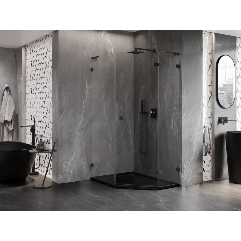 Mexen Lunar L petokutna kabina za tuš desna 80 x 90 cm, prozirna, crna - 831L-080P-090L-70-00-P