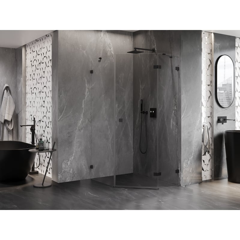 Mexen Lunar cabine de douche pentagonale pivotante droite 80 x 90 cm, transparent, noir - 831-080P-090L-70-00-P