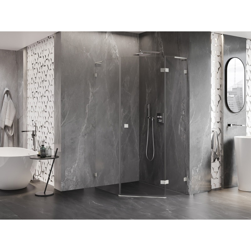 Mexen Lunar L petokutna pravokutna tuš kabina desna 80 x 90 cm, prozirna, brušeni nikal - 831L-080P-090L-97-00-P