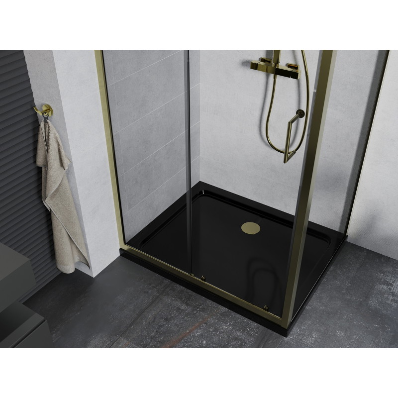 Mexen Apia klizna tuš kabina klizna 130 x 100 cm, transparentna, zlatna + tuš kada Flat, crna - 840-130-100-50-00-4070G