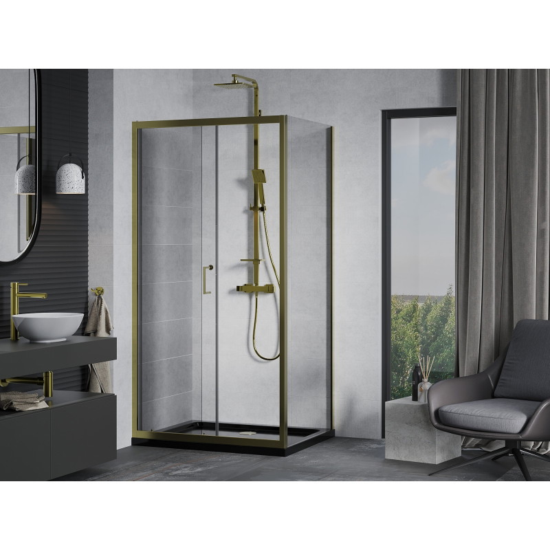 Mexen Apia klizna tuš kabina klizna 130 x 100 cm, transparentna, zlatna + tuš kada Flat, crna - 840-130-100-50-00-4070G