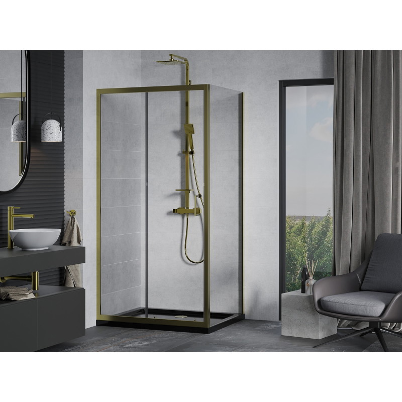 Mexen Apia klizna tuš kabina klizna 130 x 100 cm, transparentna, zlatna + tuš kada Flat, crna - 840-130-100-50-00-4070G