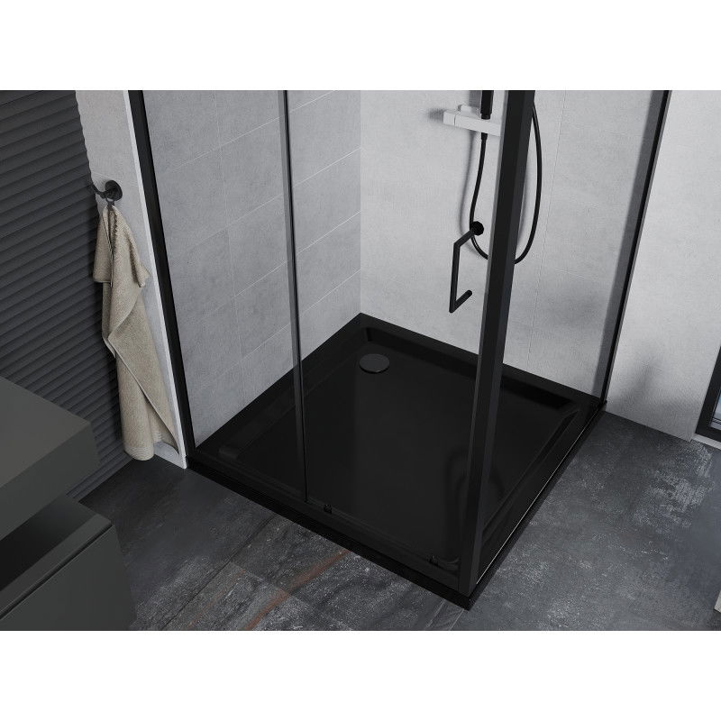 Mexen Apia cabina de ducha corredera 90 x 90 cm, transparente, negra + plato de ducha Flat, negro - 840-090-090-70-00-4070B