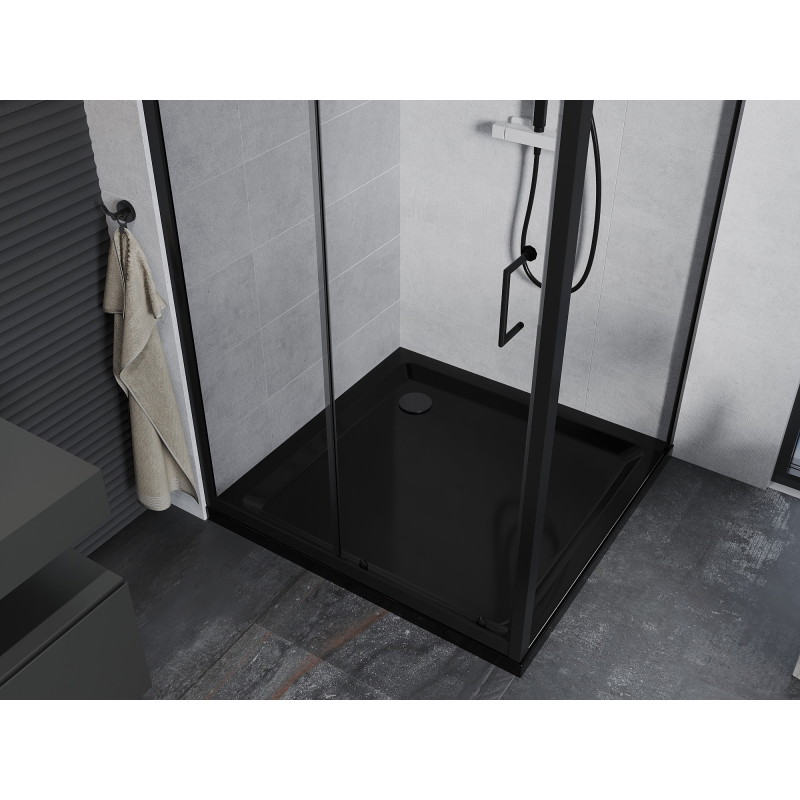 Mexen Apia cabina de ducha corrediza 90 x 90 cm, transparente, negra + plato de ducha Flat, negro - 840-090-090-70-00-4070B