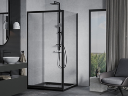 Mexen Apia douchecabine schuif 90 x 90 cm, transparant, zwart + Flat douchebak, zwart - 840-090-090-70-00-4070B