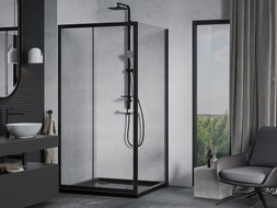 Mexen Apia klizna tuš kabina 90 x 90 cm, prozirno, crna + tuš kada Flat, crna - 840-090-090-70-00-4070B
