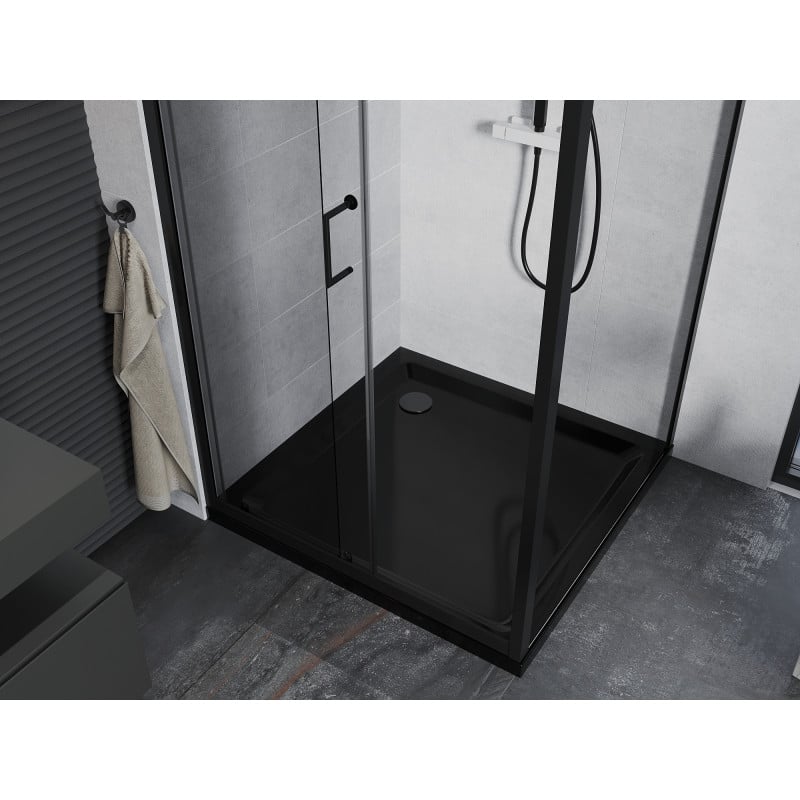 Mexen Apia cabine de duche deslizante 90 x 90 cm, transparente, preta + base de duche Flat, preta - 840-090-090-70-00-4070B