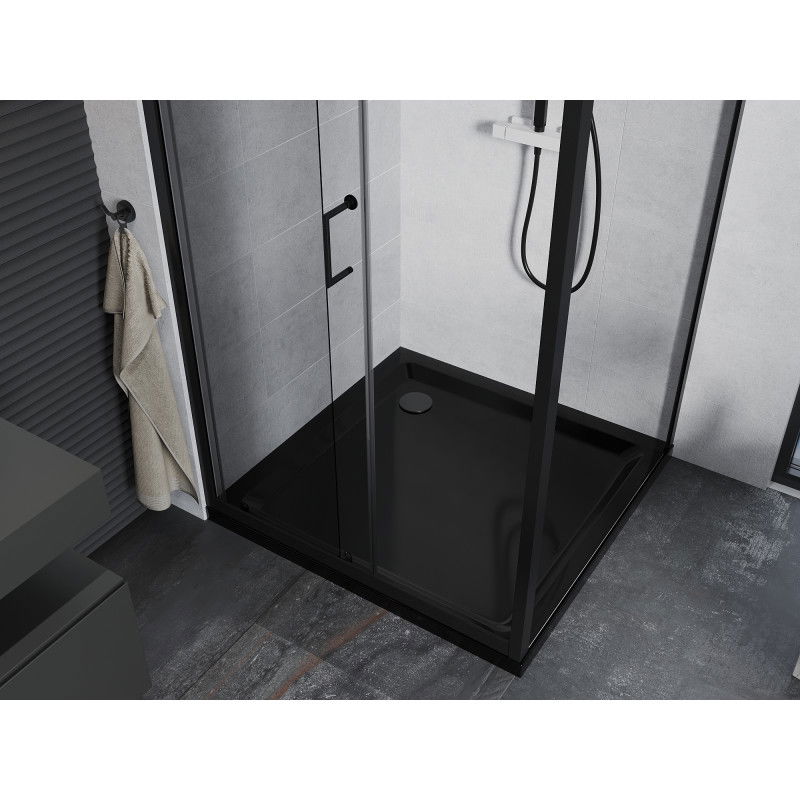 Mexen Apia liukuva suihkukoppi 90 x 90 cm, läpinäkyvä, musta + Flat-suihkuallas, musta - 840-090-090-70-00-4070B