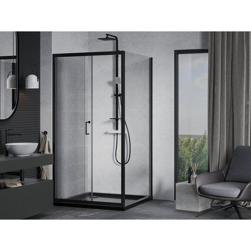 Mexen Apia cabina de ducha corrediza 90 x 90 cm, transparente, negra + plato de ducha Flat, negro - 840-090-090-70-00-4070B