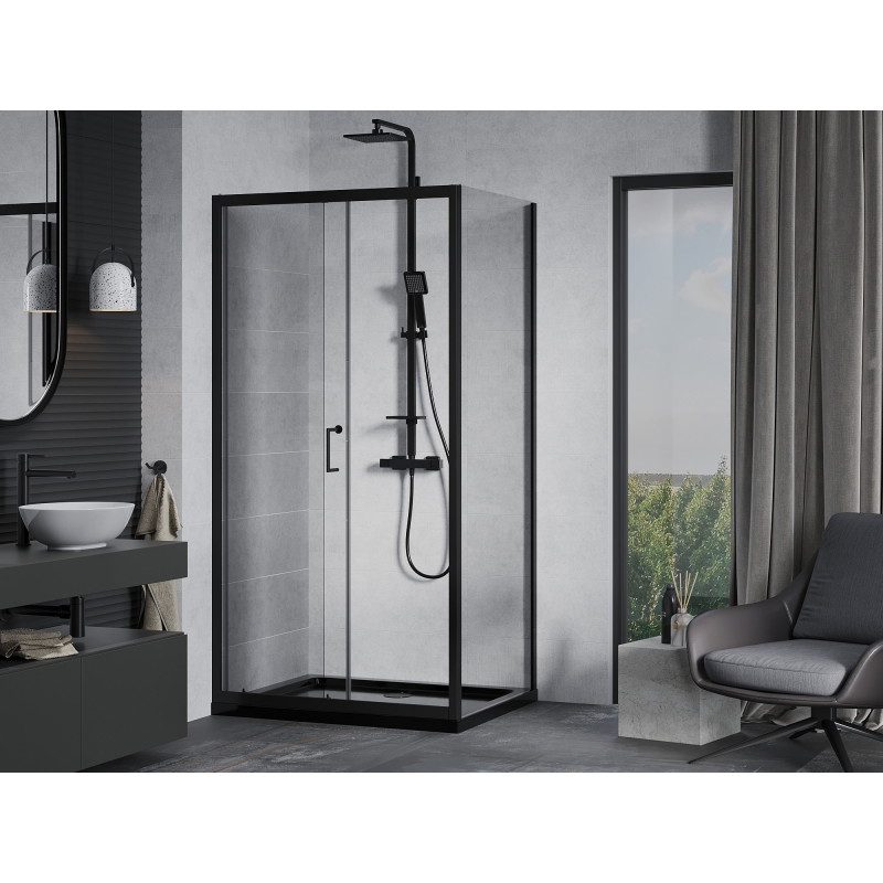 Mexen Apia pomična tuš kabina 110 x 80 cm, prozirna, crna + plitica Flat, crna - 840-110-080-70-00-4070B