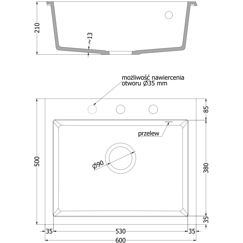 Mexen Elix granite sink 1-bowl 600 x 500 mm, grey, black siphon - 6525601005-71-B