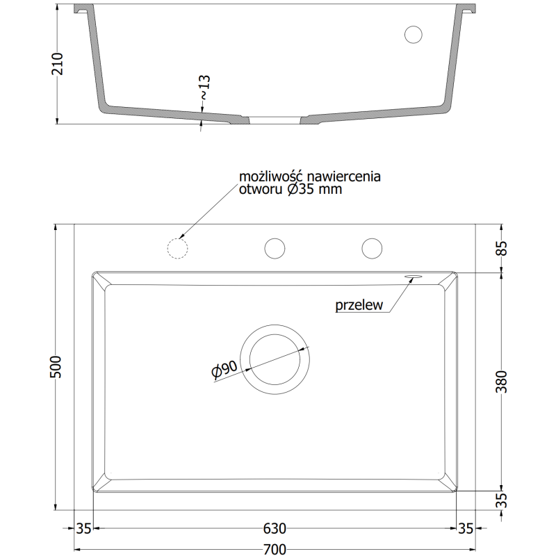 Mexen Elix lavello in granito 1-vasca 700 x 500 mm, bianco, sifone dorato - 6526701005-20-G