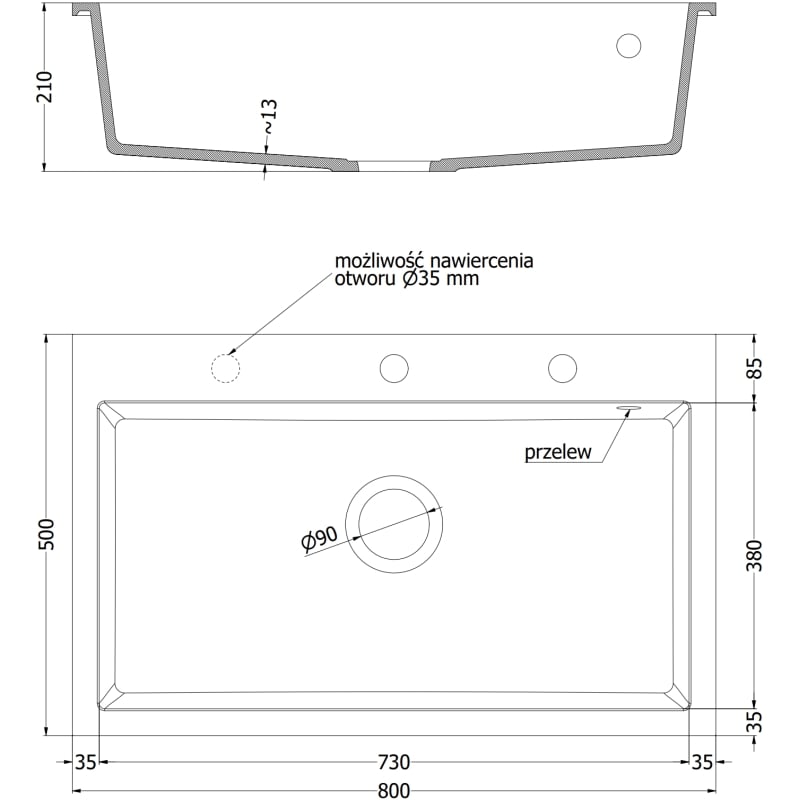 Mexen Elix granitni sudoper s jednom komorom 800 x 500 mm, bež, sifon zlatni - 6527801005-69-G