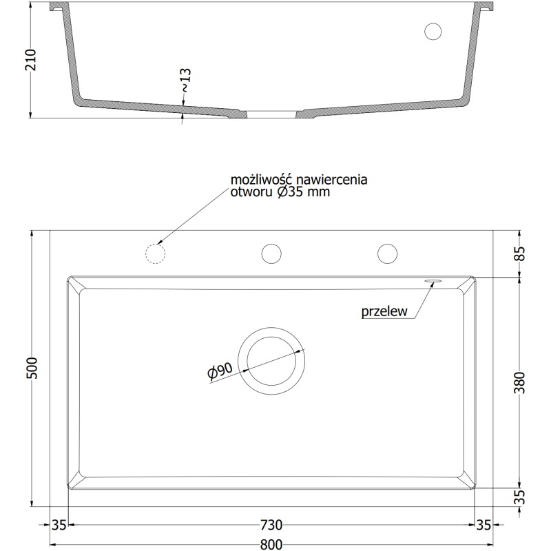 Mexen Elix graniidist 1-kambriline valamu 800 x 500 mm, hall, kuldne sifoon - 6527801005-71-G