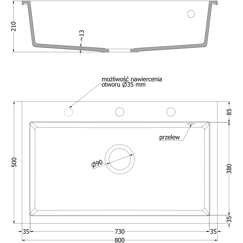 Mexen Elix lava-loiça de granito de 1 câmara 800 x 500 mm, branco, sifão preto - 6527801005-20-B