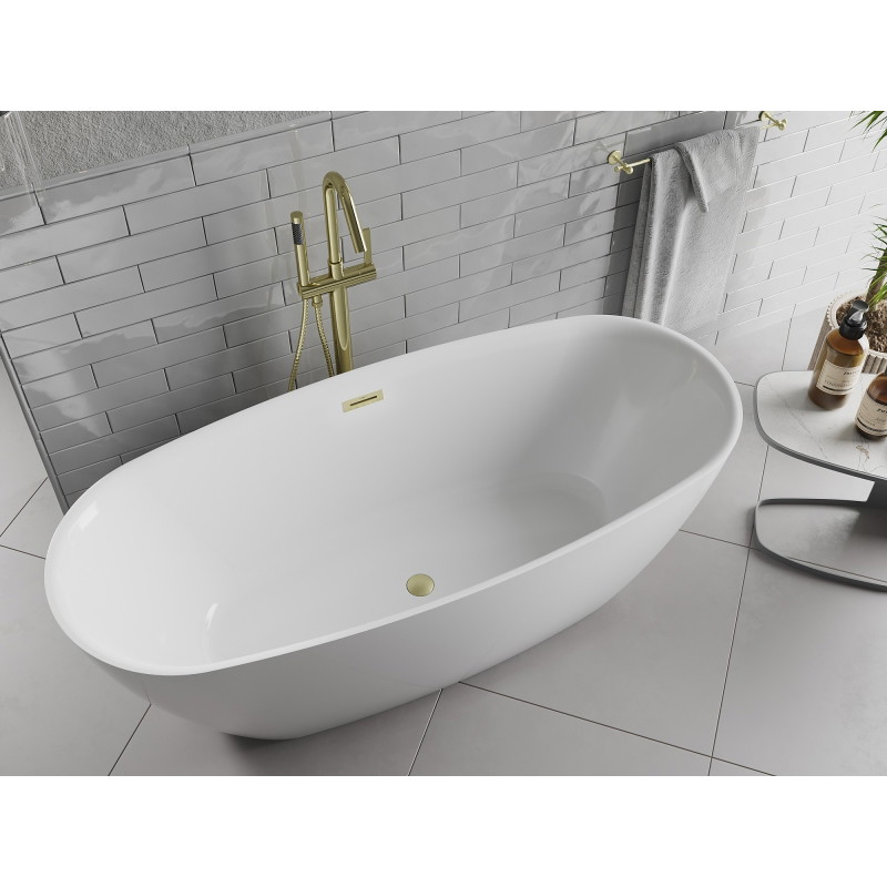 Mexen Luvo Slim wanna wolnostojąca 170 x 75 cm, biała, przelew złoty szczotkowany - 52801707500-55