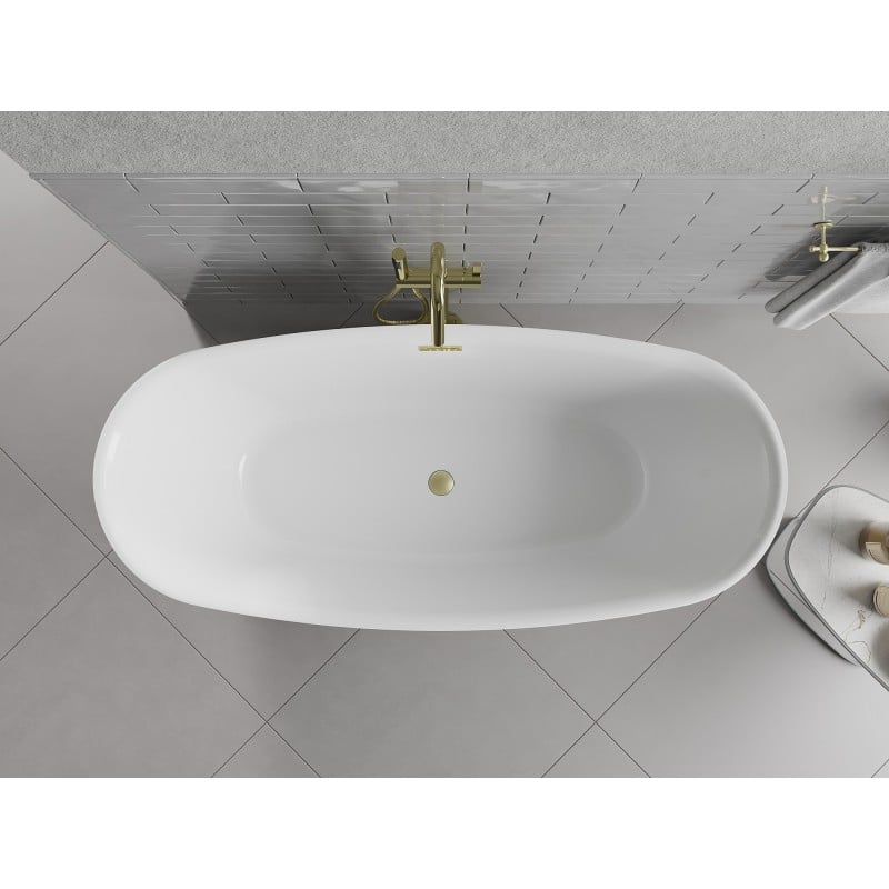 Mexen Luvo Slim banheira independente 170 x 75 cm, branca, transbordo dourado escovado - 52801707500-55