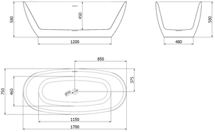 Mexen Luvo Slim freestanding bath 170 x 75 cm, white, gun gray brushed overflow - 52801707500-66