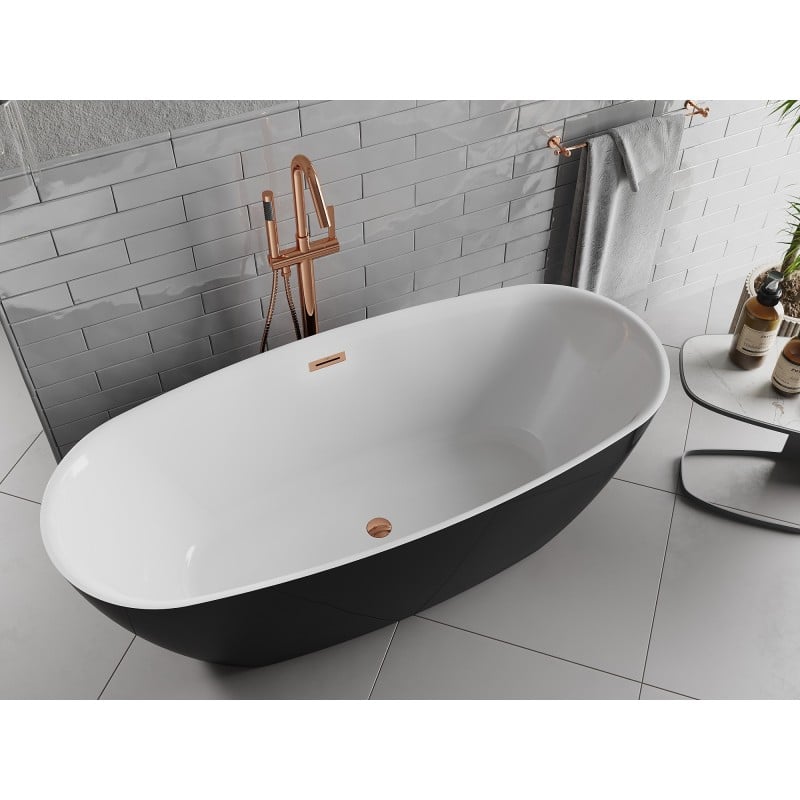 Mexen Luvo Slim vasca da bagno indipendente 170 x 75 cm, bianca/nera, troppopieno oro rosa - 52801707575-60