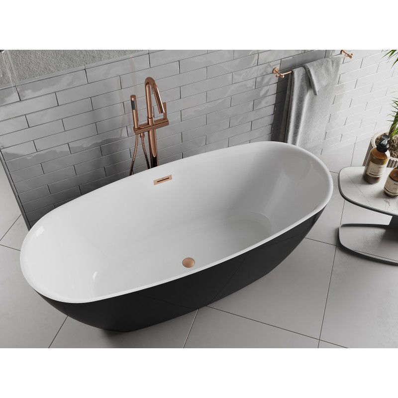 Mexen Luvo Slim free-standing bath 170 x 75 cm, white/black, brushed copper overflow - 52801707575-65