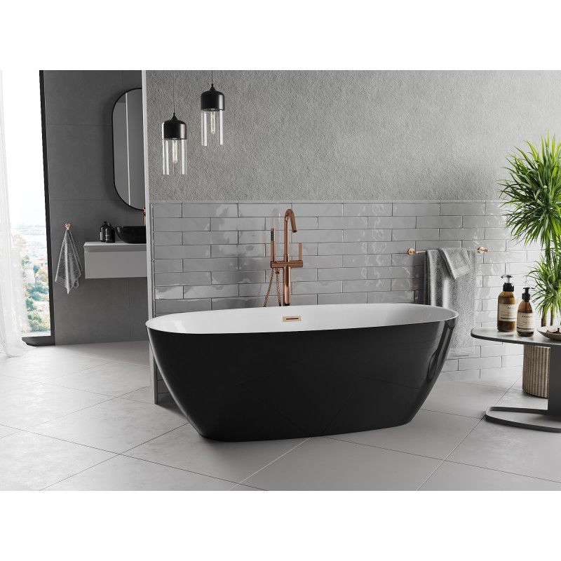 Mexen Luvo Slim freistehende Badewanne 170 x 75 cm, weiß/schwarz, Überlauf aus gebürstetem Kupfer - 52801707575-65