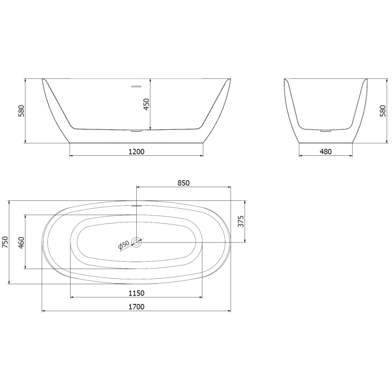 Mexen Luvo Slim fristående badkar 170 x 75 cm, vit/svart, överflöd gun gray borstad - 52801707575-66