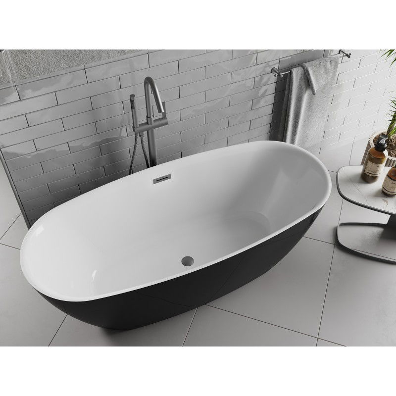 Mexen Luvo Slim vasca da bagno autoportante 170 x 75 cm, bianca/nera, troppo pieno gun metal- 52801707575-95