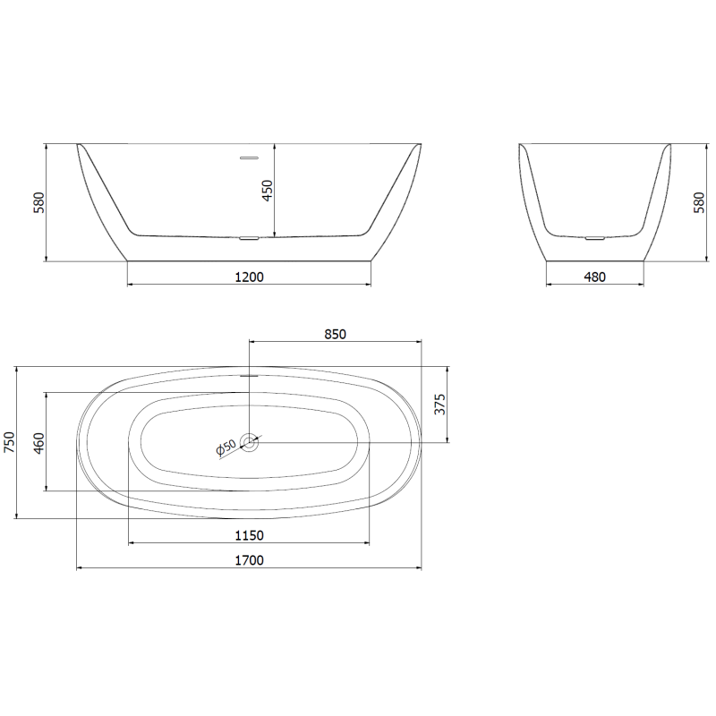 Mexen Luvo Slim baignoire autoportante 170 x 75 cm, blanc/noir, trop-plein nickel brossé - 52801707575-97