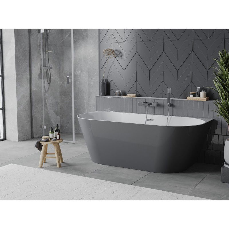 Mexen Oval Slim freistehende an der Wand stehende Badewanne 170 x 80 cm, weiß/grau, Überlauf Chrom - 52661708062-01