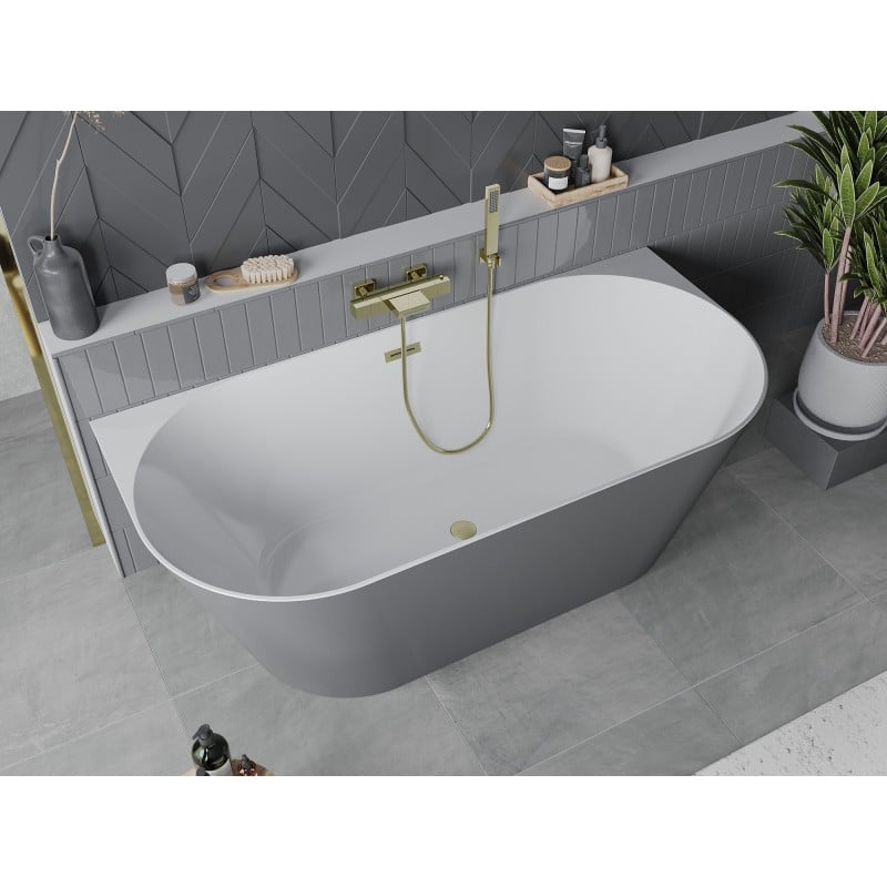 Mexen Oval Slim freistehende wandmontierte Badewanne 170 x 80 cm, weiß/grau, Überlauf gold gebürstet - 52661708062-55