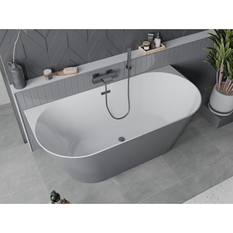 Mexen Oval Slim vasca da bagno autoportante a parete 170 x 80 cm, bianca/grigia, troppopieno gun gray spazzolato