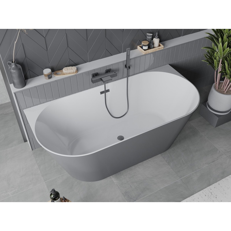 Mexen Oval Slim wanna wolnostojąca przyścienna 170 x 80 cm, biała/szara, przelew gun gray szczotkowany - 52661708062-66