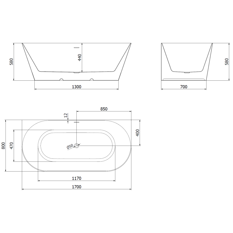 Mexen Oval Slim vrijstaande tegen de muur bad 170 x 80 cm, wit/zwart, goud overloop - 52661708075-50