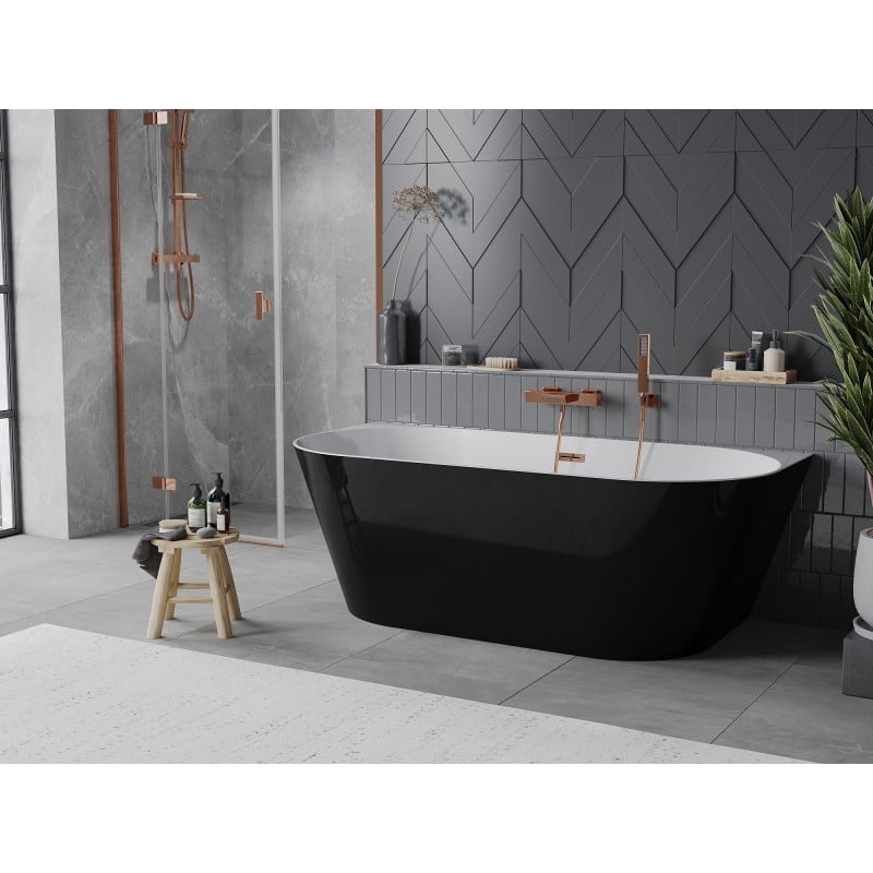 Mexen Oval Slim freistehende an der Wand montierte Badewanne 170 x 80 cm, weiß/schwarz, Überlauf Roségold - 52661708075-60